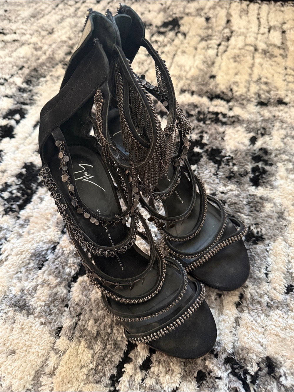Giuseppe Zanotti Black Beaded Fringe Gladiator Heels